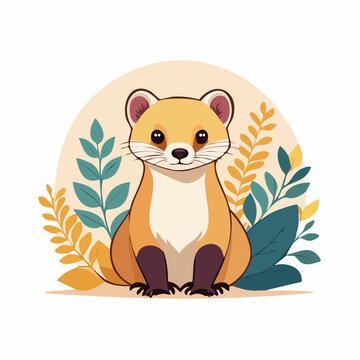 Cute cartoon weasel with plants