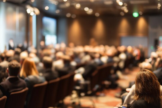 Blurred background of a conference or seminar audience, showing rows of attentive people seated, conveying professional engagement, learning environment, and high-quality event atmosphere.