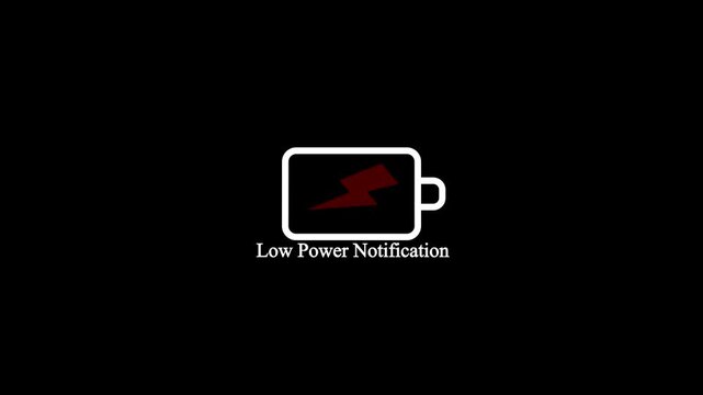 Minimalist battery icon animation with flashing red lightning bolt symbol and white low power notification text blur in transition isolated on clean black background loop