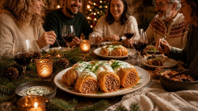 T&ouml;lt&ouml;tt K&aacute;poszta zu Weihnachten &ndash; Ungarische Krautrouladen mit Sauerrahm am festlichen Tisch mit Familie.