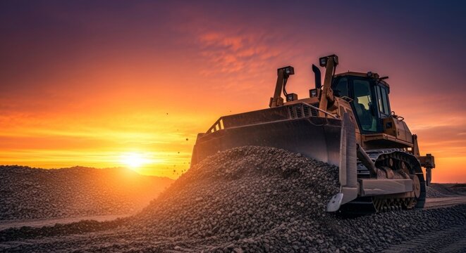 Heavy bulldozer grading crushed stone on construction site at dramatic sunset, industrial site preparation