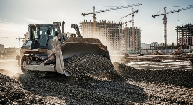 Heavy bulldozer grading crushed stones at active construction site with cranes and unfinished buildings, midday sun
