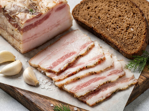 Slices of cured pork fatback served with rye bread and garlic cloves