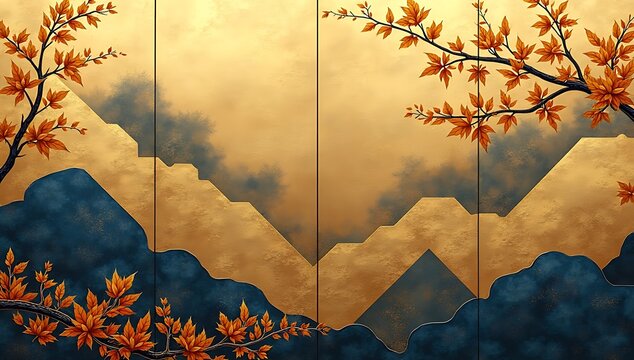 Autumn mountain landscape with maple tree branches and falling leaves