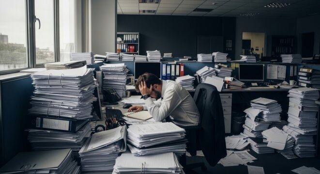 Overwhelmed businessman buried in paperwork at messy office desk, symbolizing workplace stress and burnout