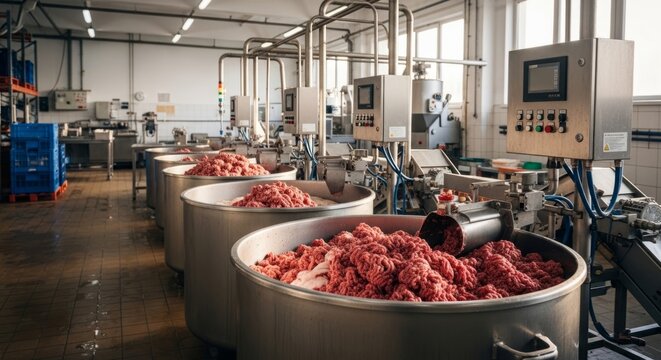 Industrial meat processing workshop with stainless steel vats full of raw minced meat and advanced control panels