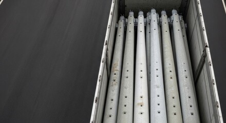 Fototapeta premium Concrete utility poles neatly arranged in an open truck bed, ready for transport and infrastructure development under overcast skies