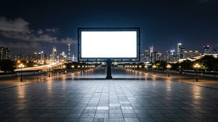 Blank billboard in city square at night