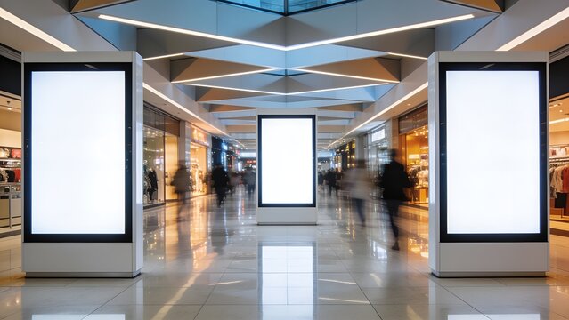 Blank white digital signage kiosks standing inside a modern shopping mall corridor with blurred shoppers walking past under bright geometric ceiling lights in this scene