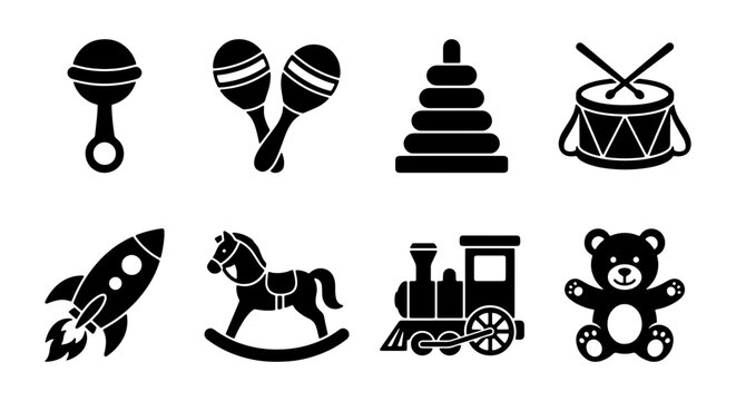 Classic Toy Icons: Rattle, Maracas, Stacking Rings, Drum, Rocket, Rocking Horse, Train, Teddy Bear Vector Set