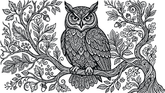 Intricately designed owl sitting on a tree branch