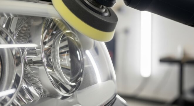Car headlight restoration with orbital polisher in garage, restoring clarity and shine