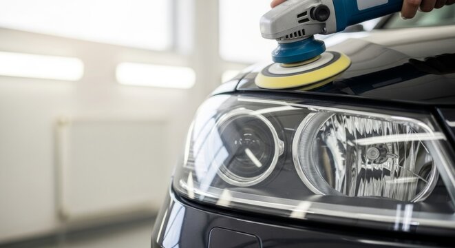Car headlight polishing with electric buffer in professional garage detailing bay