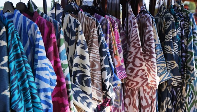 Designer clothes made of traditional silk Uzbek fabric ikat adras