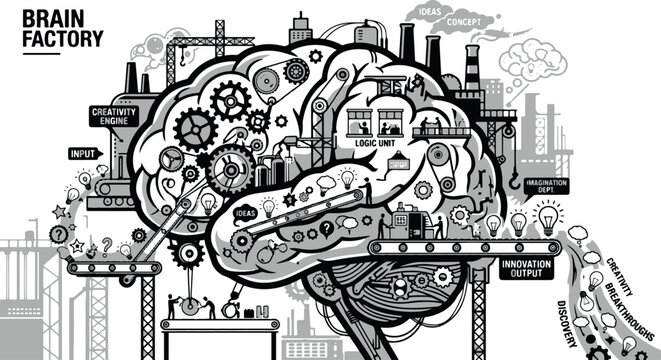 Brain factory concept with industrial elements and creative ideas