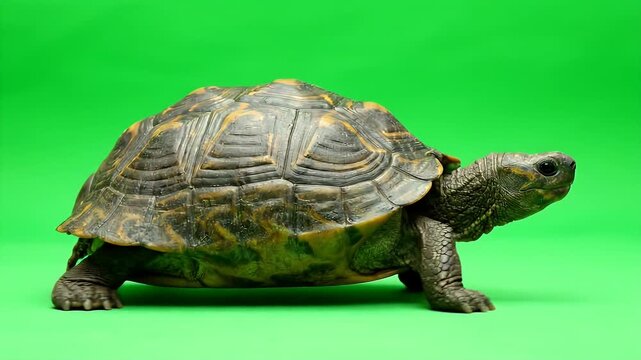 European pond turtle walking slowly on a green screen background for chroma key editing