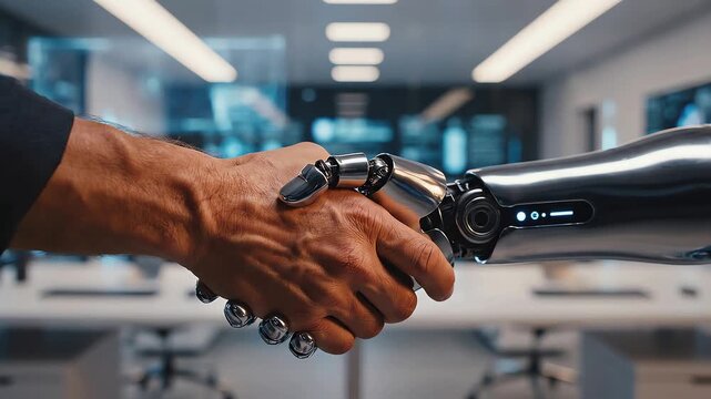 Human and Robotic Handshake in Modern Office Symbolizing Future Technology and Partnership