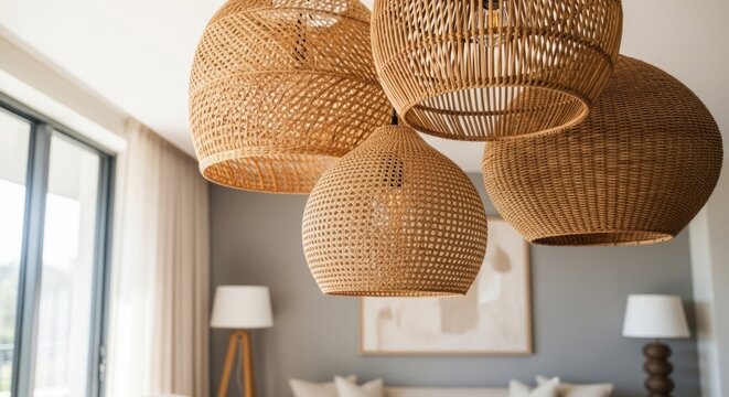 Wicker rattan pendant lights illuminate a modern living room, creating warm, natural ambiance with soft light.