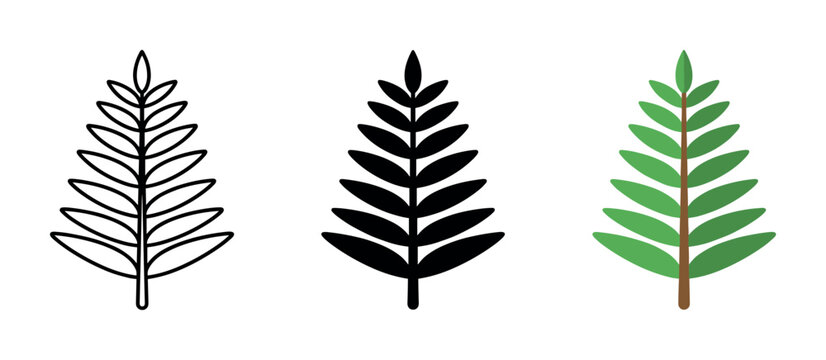Set of three stylized fern leaves in outline, solid black, and green color variations