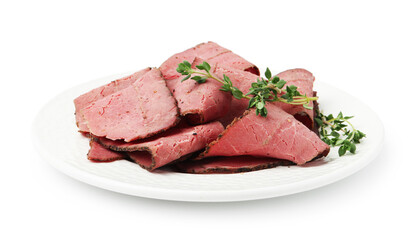 Fototapeta premium Slices of delicious pastrami (cured beef meat) and thyme isolated on white