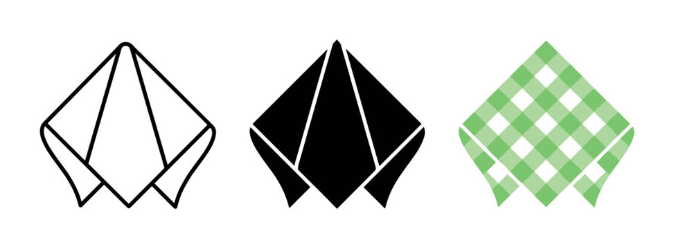 Set of three folded napkin icons in outline, solid black, and green gingham patterns