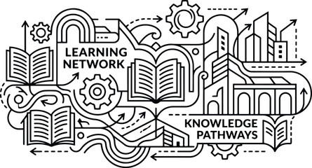 Fototapeta premium Black and white line drawing of learning network and knowledge pathways