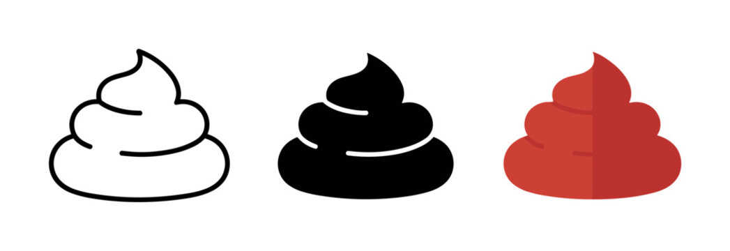 Three stylized icons of poop in different styles: outline, solid black, and red