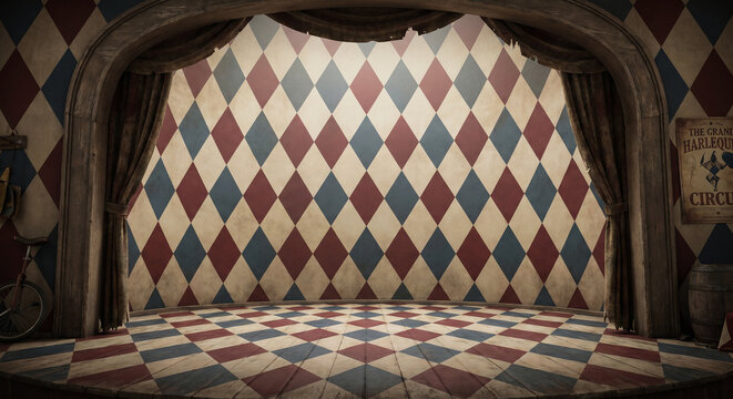Harlequin stage backdrop, diamond pattern floor, colorful theatrical set design, circus performance space