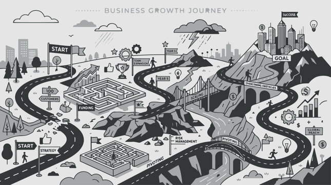Business growth journey illustrated as a winding road with obstacles and goals