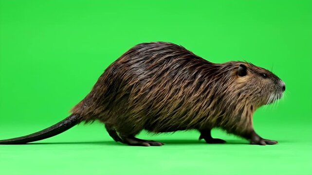 Nutria walking on a green screen background for professional video editing and overlays