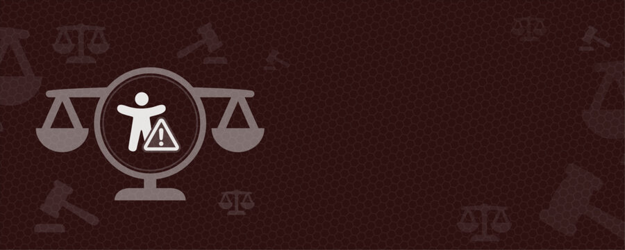 This conceptual illustration features a prominent warning symbol integrated with scales of justice, providing extensive copy space for legal content and complex courtroom-related legal themes.
