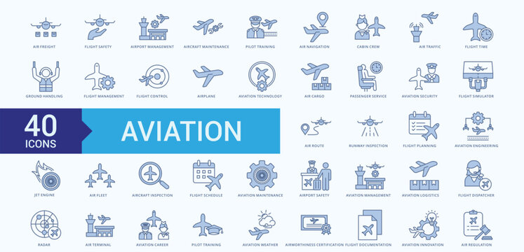 Aviation  Icon Set Illustration Vector Blue Line Style