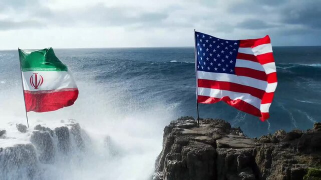 national flags of iran and the united states of america waving on high rocky cliffs against a stormy blue ocean with big waves and white foam simulation