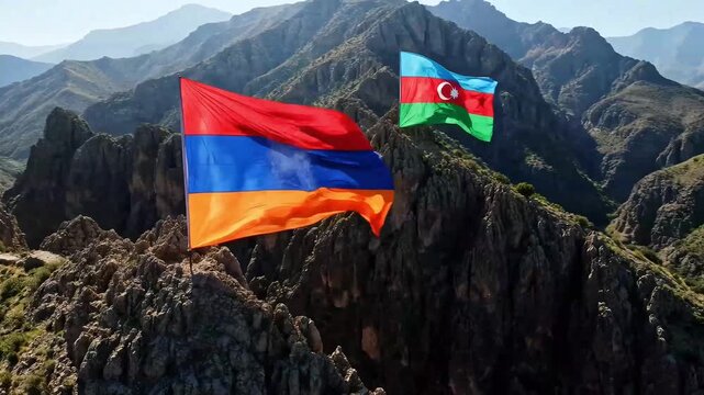 conceptual simulation of an international crisis with national flags of armenia and azerbaijan set on top of high rocky mountains against a deep gorge, panoramic view, 3d render