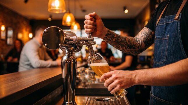 A bartender with a tattooed arm skillfully pours a golden, frothy beer straight from the tap into a glass, with customers in the background.