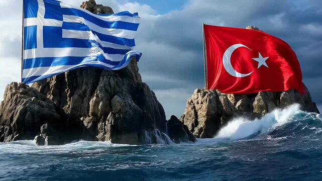 conceptual 3d render of an international conflict with flags of greece and turkey on sea rocks overcoming the impacts of huge storm waves under dark thunderstorm clouds
