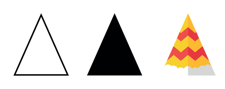 Three triangles in a row: outline, solid black, and colorful patterned