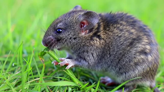 Close-Up Of A Vole Feeding On Green Grass Stem In A Vibrant Meadow, Highlighting Its Natural Habitat And Detailed Features In 4K
