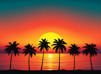 Fototapeta premium Illustration Golden hour tropical ocean sunset with glowing sun behind palm tree silhouettes