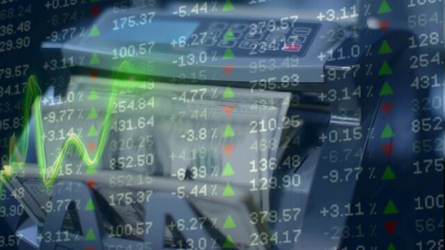 Glowing green line graph and stock market data overlaid on a bill counting machine processing US dollars.