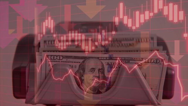 Bear market concept featuring red downward trending financial charts over a machine counting hundred dollar bills.