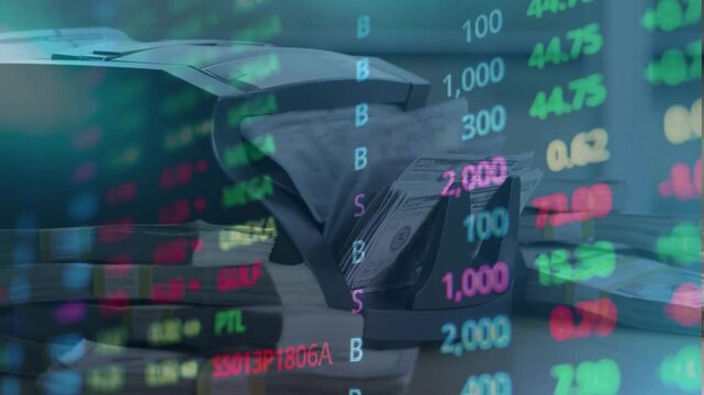 Financial concept showing a bill counting machine processing US dollars overlaid with glowing stock market numbers.