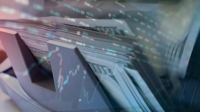 Thick stack of US hundred dollar bills moving through a currency counting machine, layered with stock market technical analysis charts and graphs.