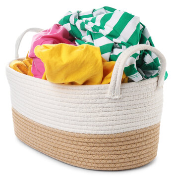 Laundry basket with different clothes isolated on white