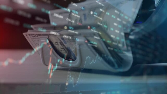 Double exposure of a money counting machine sorting US dollars and a digital stock market trading screen showing indices and charts.