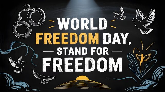 World freedom day concept with broken handcuffs and flying doves on a chalkboard background, representing liberation, peace, and human rights
