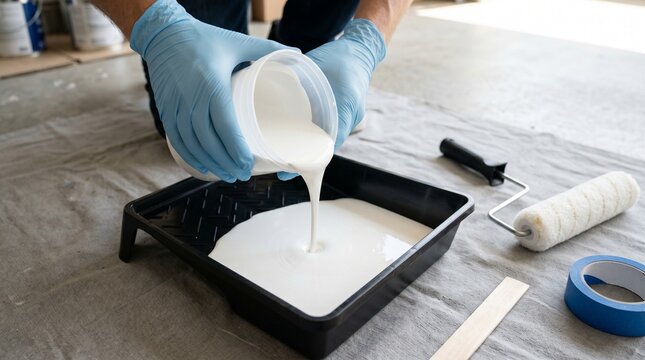 White paint poured into tray, Interior painting preparation close up, Clean tools on drop cloth, Home renovation supply detail, DIY project setup