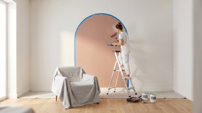 Clay arch accent wall painting, Minimal room interior makeover, Contemporary painted mural shape, Clean DIY decor project, Stylish copy space background