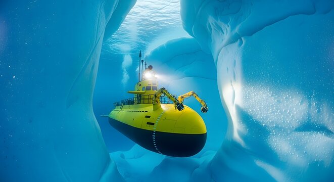 Yellow research submarine navigating through a narrow underwater ice cavern.