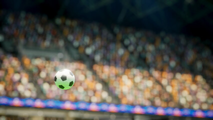 Obraz premium 3D illustration of football ball moving across pitch inside stadium during sunny day, close up of computer graphics soccer ball lit by sun rays while crossing sports venue playground field.